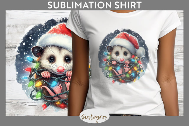 Christmas Opossum Entangled in Lights T-shirt Sublimation Sublimation Sintegra 