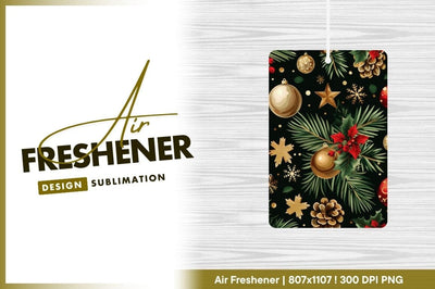 Christmas Ornament and Pine Branch Pattern Gold Red on Dark Green Background Sublimation Regulrcrative 