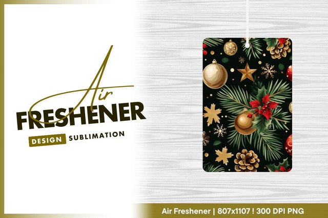 Christmas Ornament and Pine Branch Pattern Gold Red on Dark Green Background Sublimation Regulrcrative 