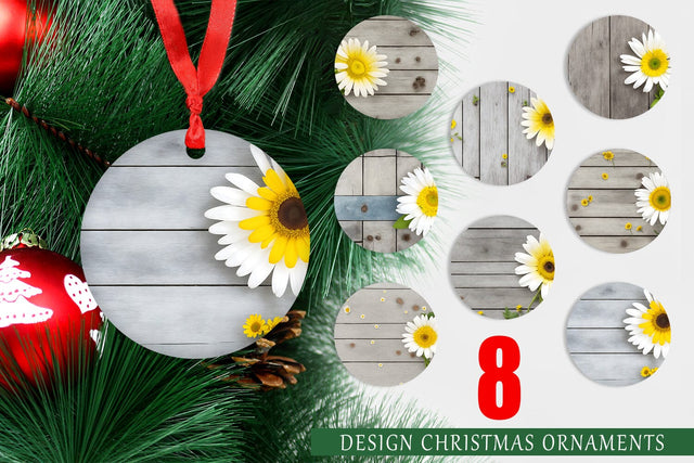 Christmas Ornament Daisy Flower and Wood Sublimation artnoy 