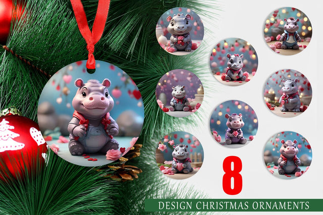 Christmas Ornament Hippopotamus Valentine Sublimation artnoy 