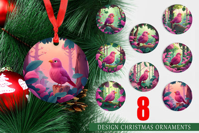 Christmas Ornament Pink Bird in the Forest Sublimation artnoy 