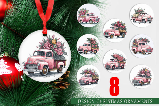 Christmas Ornament Pink Vintage Pickup Truck Sublimation artnoy 