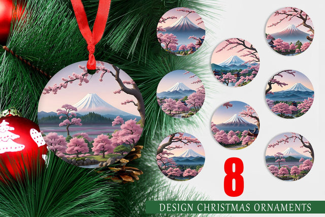 Christmas Ornament Sakura Trees Mount Fuji Sublimation artnoy 