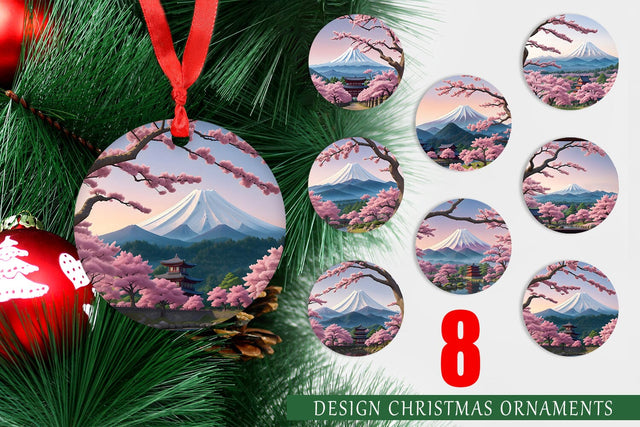 Christmas Ornament Sakura Trees Mount Fuji Sublimation artnoy 