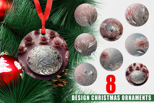 Christmas Ornament Silver and Pink Plants Sublimation artnoy 