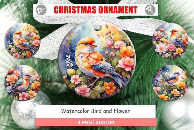 Christmas Ornament Watercolor Bird and Flower Sublimation artnoy 