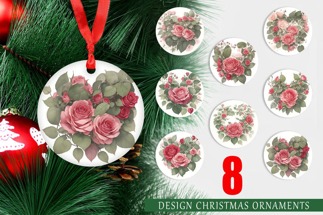 Christmas Ornament Watercolor Red Rose Sublimation artnoy 