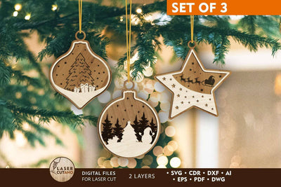 Christmas Ornaments Set, Multilayer Cut Files, Wood Cut and Paper Cut Templates, Laser Cut SVG LaserCutano 