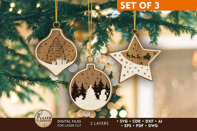 Christmas Ornaments Set, Multilayer Cut Files, Wood Cut and Paper Cut Templates, Laser Cut SVG LaserCutano 