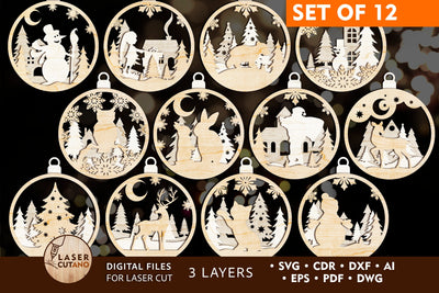 Christmas Ornaments Set Templates , Laser Cut FIles SVG LaserCutano 
