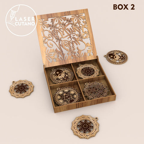 CHRISTMAS ORNAMENTS WITH BOX, Home Decor, Multilayer Laser Cut Files, Wood Cut and Paper Cut Template SVG LaserCutano 