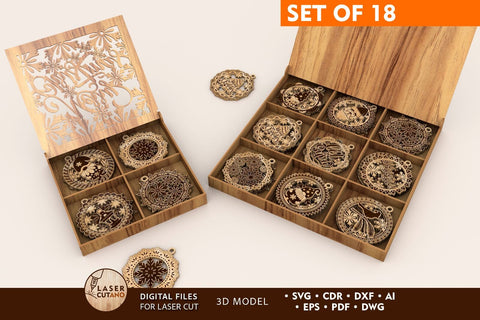 CHRISTMAS ORNAMENTS WITH BOX, Home Decor, Multilayer Laser Cut Files, Wood Cut and Paper Cut Template SVG LaserCutano 