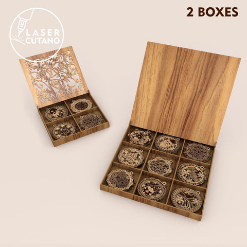 CHRISTMAS ORNAMENTS WITH BOX, Home Decor, Multilayer Laser Cut Files, Wood Cut and Paper Cut Template SVG LaserCutano 