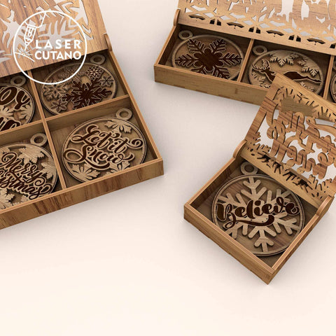 Christmas Ornaments with Boxes Bundle, Laser Cut Files, Wood Cut Templates SVG LaserCutano 