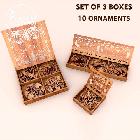 Christmas Ornaments with Boxes Bundle, Laser Cut Files, Wood Cut Templates SVG LaserCutano 