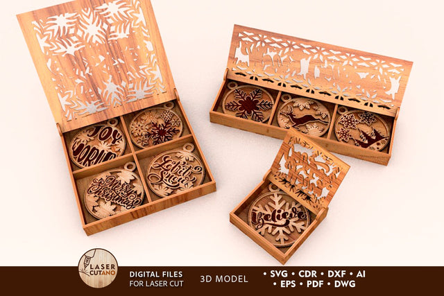 Christmas Ornaments with Boxes Bundle, Laser Cut Files, Wood Cut Templates SVG LaserCutano 