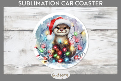 Christmas Otter Entangled in Lights Car Coaster Sublimation Sublimation Sintegra 