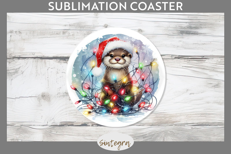 Christmas Otter Entangled in Lights Round Coaster Sublimation Sublimation Sintegra 
