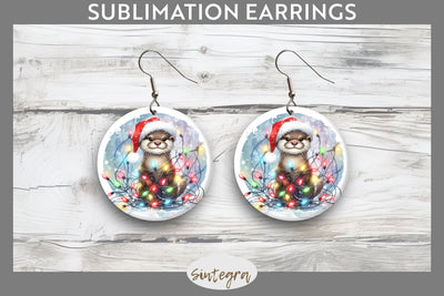 Christmas Otter Entangled in Lights Round Earrings Sublimation Sublimation Sintegra 