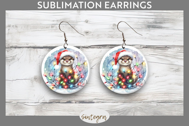 Christmas Otter Entangled in Lights Round Earrings Sublimation Sublimation Sintegra 
