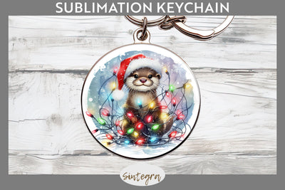 Christmas Otter Entangled in Lights Round Keychain Sublimation Sublimation Sintegra 
