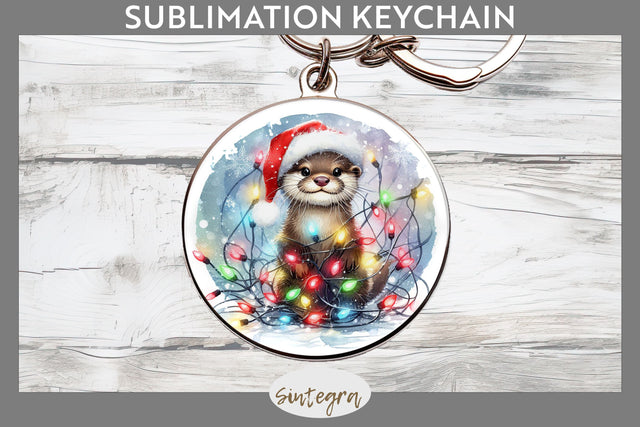 Christmas Otter Entangled in Lights Round Keychain Sublimation Sublimation Sintegra 