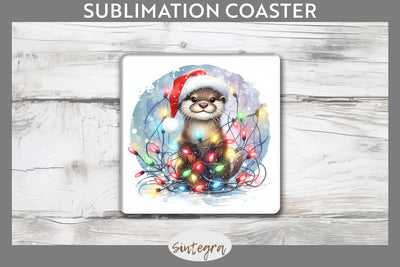 Christmas Otter Entangled in Lights Square Coaster Sublimation Sublimation Sintegra 