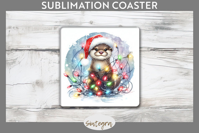 Christmas Otter Entangled in Lights Square Coaster Sublimation Sublimation Sintegra 