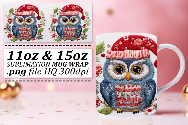 Christmas Owl Embroidered Wrap 11oz 15oz Mug Design Sublimation afrosvg 