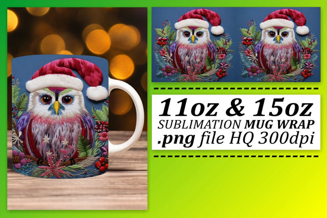 Christmas Owl Embroidery 11oz 15oz Mug Wrap Design Sublimation afrosvg 