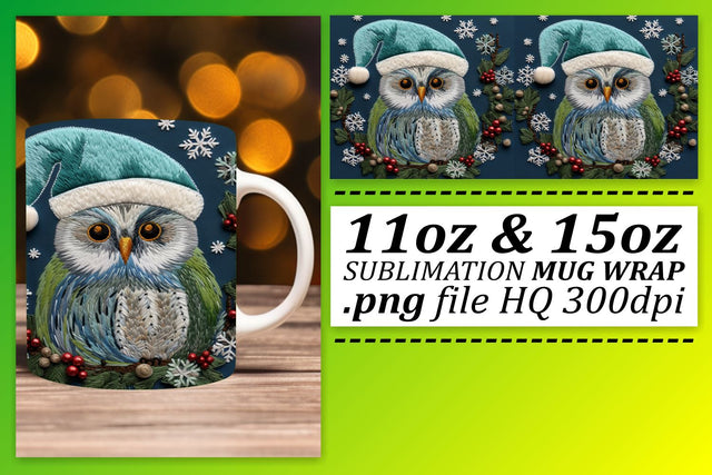 Christmas Owl Embroidery Mug Wrap Festive Design Sublimation afrosvg 