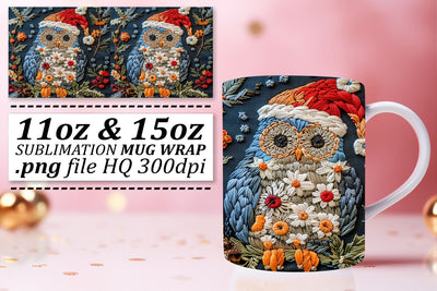 Christmas Owl Embroidery Wrap Festive 11oz 15oz Mug Sublimation afrosvg 
