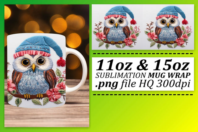 Christmas Owl Embroidery Wrap for 11oz 15oz Mug Holiday Sublimation afrosvg 