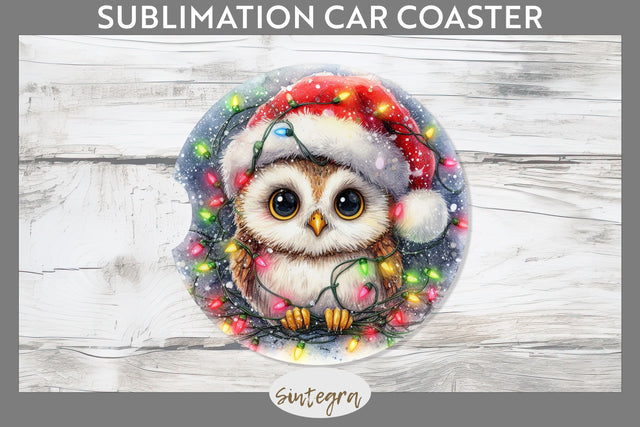 Christmas Owl Entangled in Lights Car Coaster Sublimation Sublimation Sintegra 