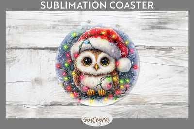 Christmas Owl Entangled in Lights Round Coaster Sublimation Sublimation Sintegra 