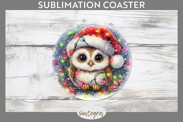 Christmas Owl Entangled in Lights Round Coaster Sublimation Sublimation Sintegra 