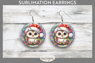 Christmas Owl Entangled in Lights Round Earrings Sublimation Sublimation Sintegra 