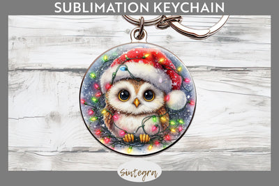 Christmas Owl Entangled in Lights Round Keychain Sublimation Sublimation Sintegra 