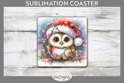 Christmas Owl Entangled in Lights Square Coaster Sublimation Sublimation Sintegra 