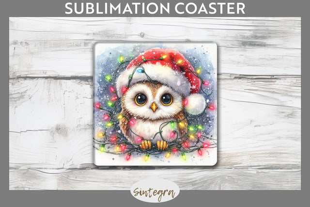 Christmas Owl Entangled in Lights Square Coaster Sublimation Sublimation Sintegra 