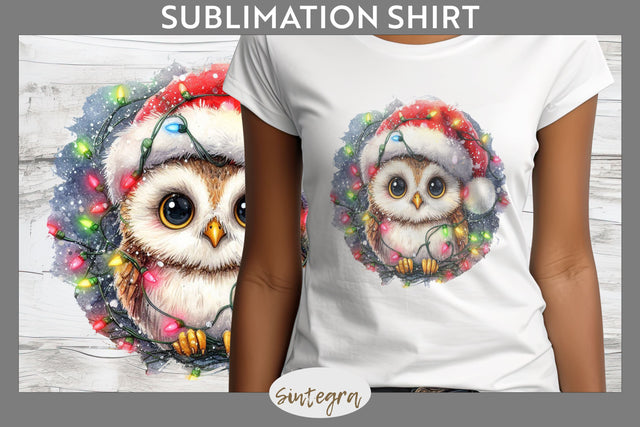 Christmas Owl Entangled in Lights T-shirt Sublimation Sublimation Sintegra 