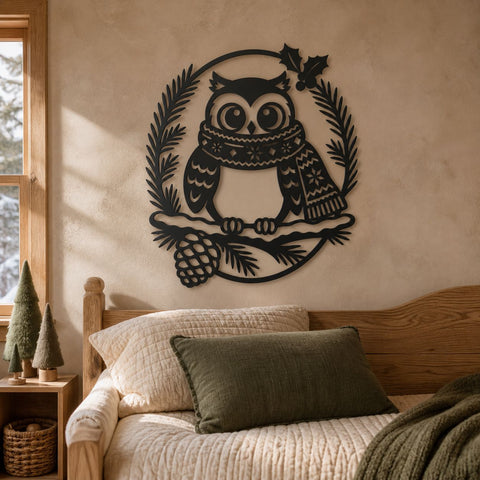 Christmas Owl Laser SVG | Winter Owl DXF | Holiday Owl Metal Art | Pine Branch CNC File | Christmas Wall Decor SVG HappyDesignStudio 
