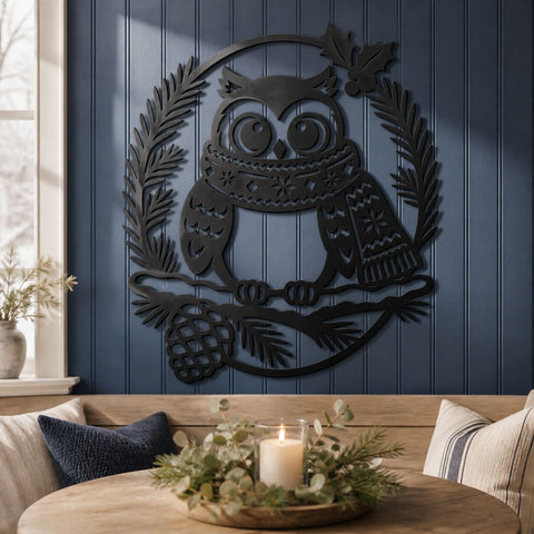 Christmas Owl Laser SVG | Winter Owl DXF | Holiday Owl Metal Art | Pine Branch CNC File | Christmas Wall Decor SVG HappyDesignStudio 