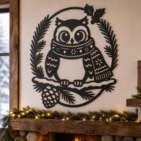 Christmas Owl Laser SVG | Winter Owl DXF | Holiday Owl Metal Art | Pine Branch CNC File | Christmas Wall Decor SVG HappyDesignStudio 