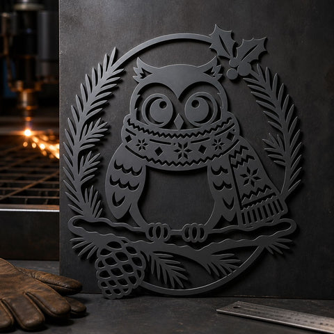 Christmas Owl Laser SVG | Winter Owl DXF | Holiday Owl Metal Art | Pine Branch CNC File | Christmas Wall Decor SVG HappyDesignStudio 