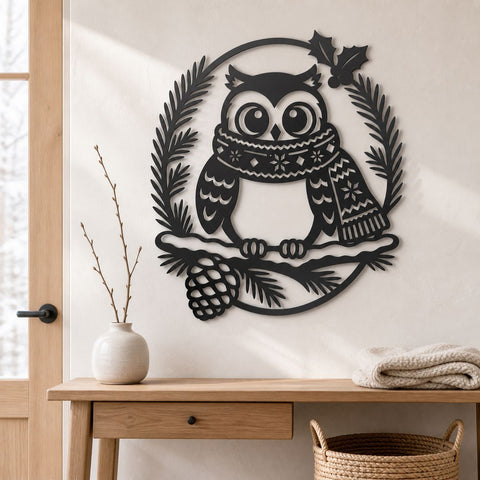 Christmas Owl Laser SVG | Winter Owl DXF | Holiday Owl Metal Art | Pine Branch CNC File | Christmas Wall Decor SVG HappyDesignStudio 
