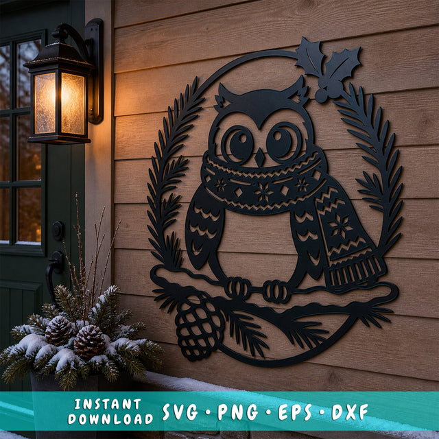 Christmas Owl Laser SVG | Winter Owl DXF | Holiday Owl Metal Art | Pine Branch CNC File | Christmas Wall Decor SVG HappyDesignStudio 