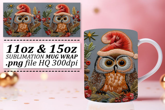 Christmas Owl Mug Wrap 11oz 15oz Embroidered Holiday Sublimation afrosvg 