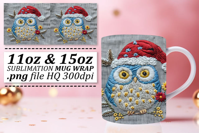 Christmas Owl Mug Wrap 11oz 15oz Holiday Embroidery Sublimation afrosvg 